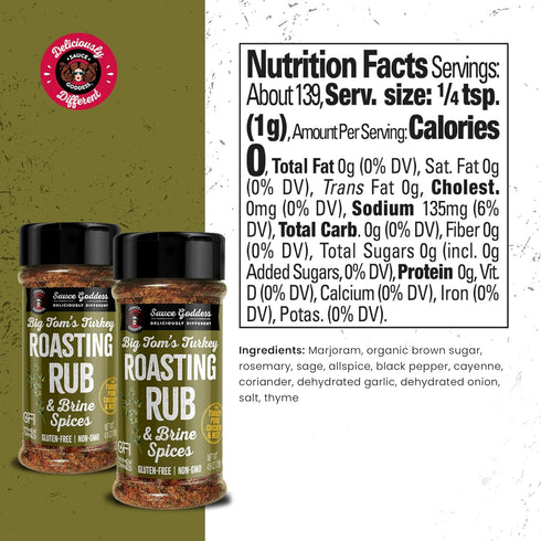 Sauce Goddess Big Tom's Turkey Roasting Rub and Brine Spices Shaker (2-Pack) - Gluten-Free