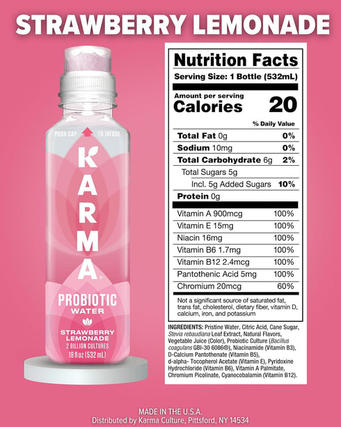 12 Pack, Immune Karma Probiotic Water - Strawberry Lemonade Drink - & Gut Health Support