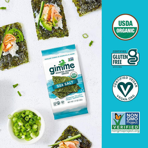 Gimme 20 Count, Omega3s Seaweed Organic Premium Roasted Seaweed Snacks, Sea Salt, Keto, Vegan, Gluten-Free, Great