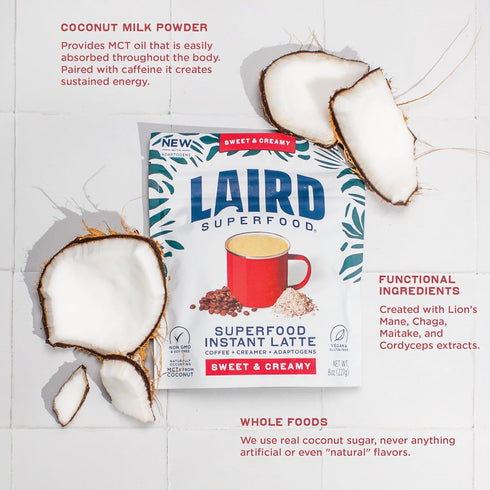 100% 8 oz. Pack 1 Laird Superfood Instant Latte Arabica Coffee Sweet & Creamy, Non-Dairy, Superfood Creamer, Gluten