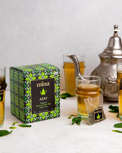 Mina Atay Moroccan Nana Mint Organic Green Tea, 15 Biodegradable Sachets - Refreshing Low Caffeine Mint Tea Bags