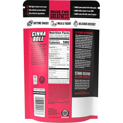 7.2 oz Dave's Killer Bread Cinna Roll Organic Snack Bites, Cinnamon Organic Snacks