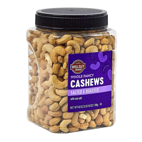 Wellsley Farms 42 oz. Whole Fancy Salted and Roasted with Sea Salt. Whole Cashews, Tub. Certified Kosher