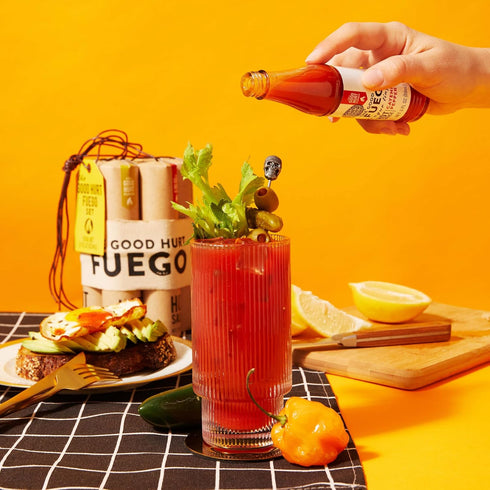 Set Packaging, Pack, Set 7 The Good Hurt Fuego, Hot Sauce Sampler Gift in Original Flavors Includes Habanero, Ghost