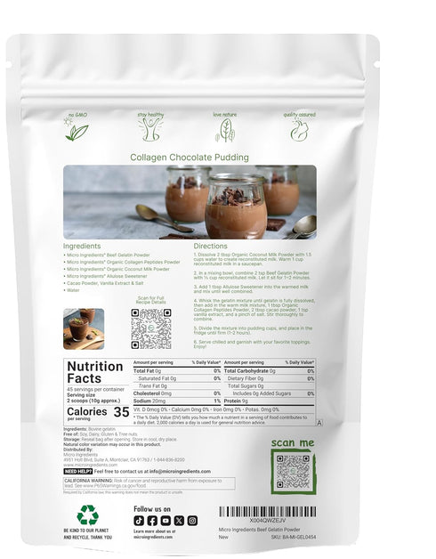 1lb Beef Gelatin Powder, | Premium Source from Grass-Fed & Pasture Raised Beef | Unflavored Thickening Agent