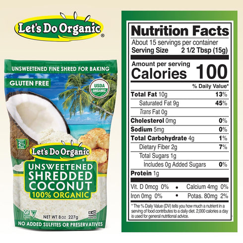 8 oz Let's Do Organic Unsweetened Coconut Shredded, Fine Shred