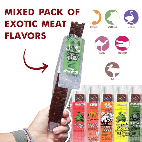 (6 Pack) Set Pack Buffalo Bob's Wild Game Meat Snacks | Exotic Snack Sampler Box | Gift Baskets for Men | Beef Jerky