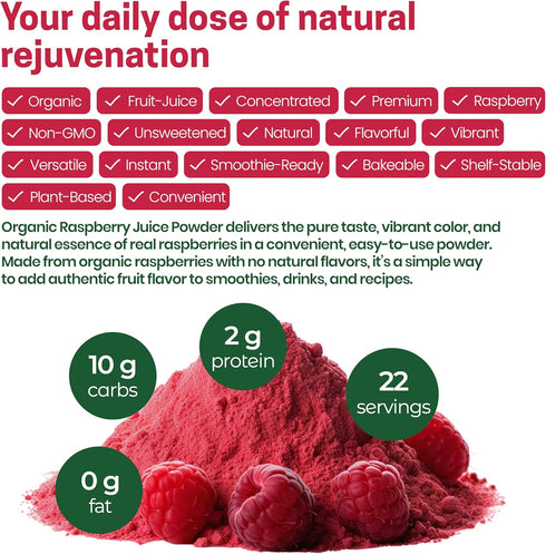 1 lb Z Natural Foods Organic Red Raspberry Juice Powder - Antioxidant-Rich Superfood - Powdered Raspberries for Baking