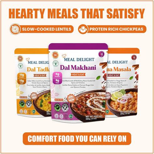 Pack 6, 1.5 6 Pack 10 oz Meal Delight Dal Makhani, Dal Tadka & Chana Masala, Ready to Eat Indian Meals, Variety of Heat