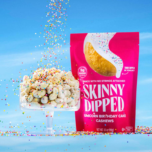 3.5 oz Pack 5 SkinnyDipped Birthday Cake Cashews, Healthy Snack, Plant Protein, Gluten Free, Resealable Bags