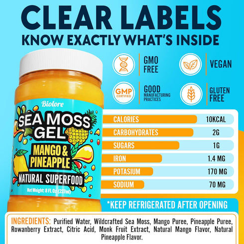 8oz Biolore Sea Moss Gel Mango Pineapple Flavored Superfood with Natural Electrolytes Wildcrafted Mango Jam Sea Moss