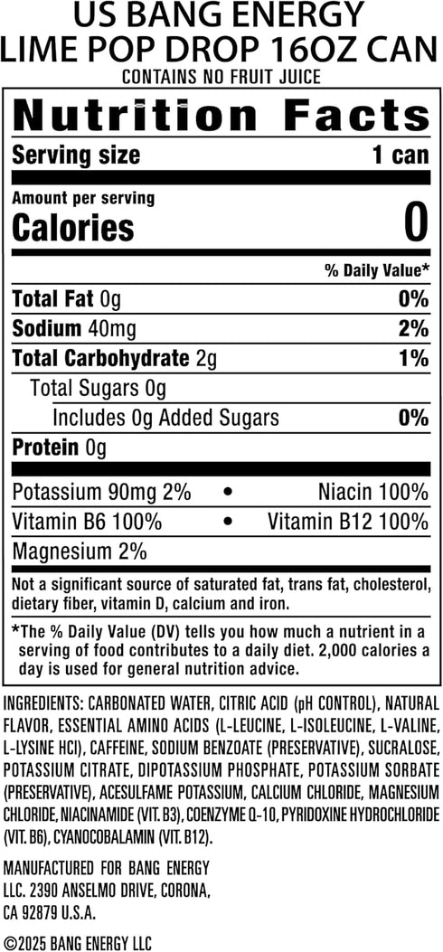 16-Ounce (Pack 12) Bang Energy Lime Pop Drop, Sugar-Free Energy Drink