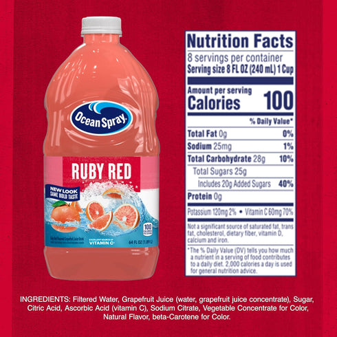 64 Oz (Pack 8) Ocean Spray Ruby Red Grapefruit Juice Drink, Fl Bottle