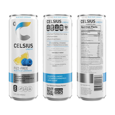 12 Oz (Pack 12) CELSIUS Fizz Free Blue Razz Lemonade, Sugar Free Energy Drink, Fl