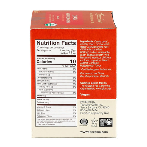 Teeccino Chaga Ashwagandha Tea - Butterscotch Cream - Organic Herbal Tea, 10 Tea Bags, Caffeine Free, Gluten Free,