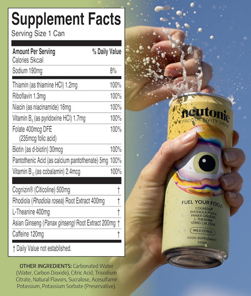 12 120mg Neutonic Nootropic Productivity Energy Drink | Wild Citrus Cans | Natural Caffeine, Zero Sugar | Support