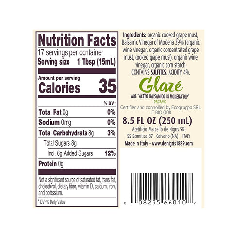 8,5 Oz (250ml) De Nigris Organic Glaze With Balsamic Vinegar Of Modena | Balsamic Glaze with Balsamic Vinegar From