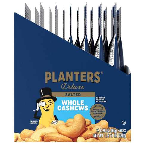 2.25 oz (12 Pack) PLANTERS Deluxe Cashews, Party Snacks, Plant-based Protein, bag