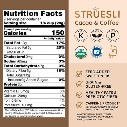 9 Oz Struesli Cacao & Coffee Organic Granola, Grain & Gluten Free, Healthy Snacks with Cacao, Coffee, Tiger Nuts