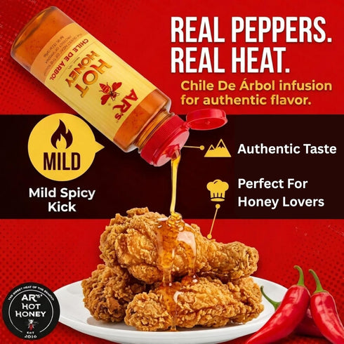 100% 12 oz (Pack 2) ARs Hot Southern Honey, Chile De Arbol (Mild) - Blend of Sweet Clover, Real Wildflower Honeys