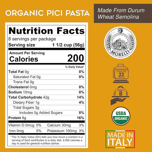 17.6oz (500g) Pack 1 Morelli Pici Pasta di Toscana - Italian Gourmet Organic Pici Noodles - Thick Organic Pasta Nests