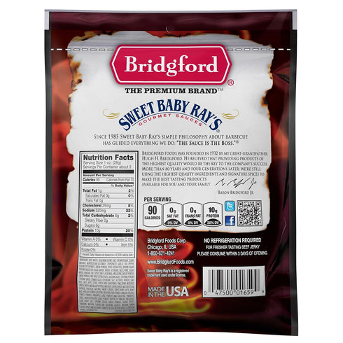 3.25 oz Pack 2 Bridgford Sweet Baby Ray's Beef Jerky Honey BBQ of - High Protein Jerky for Midday Energy Boost or Post