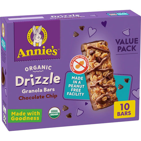 Annie's Organic Drizzle Granola Bars, Chocolate Chip, Value Pack, 10 Bars, 9.2