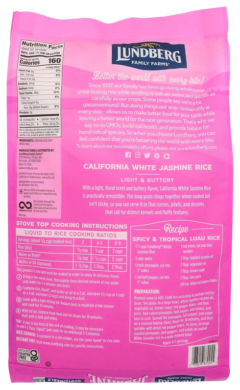 (10lb) Lundberg Family Farms - White Jasmine Rice, Premium Long Grain Bulk Rice, Non-Sticky Texture, California-Grown