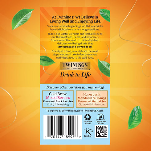 20 Count (Pack 1), 20 Twinings Peach Cold Brew Iced Tea Bags, of Unsweetened Flavoured Black Tea, Caffeinated, Teabags