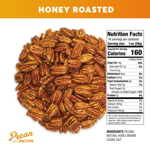 32 oz., Pecan Nation Honey Roasted Georgia Pecans, Natural, No Preservatives, Anti-oxidant Rich, Non-GMO, Irresistible