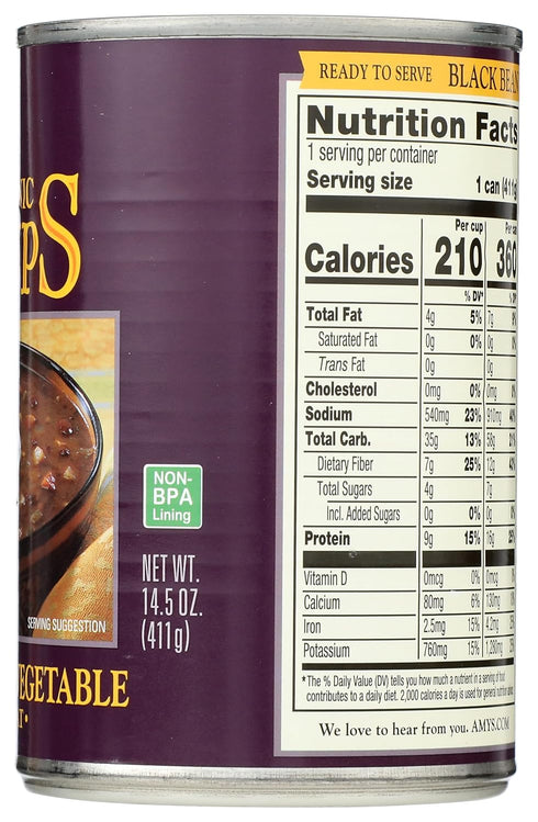 14.5 Amy's Organic Black Bean Vegetable Soup, Ounce