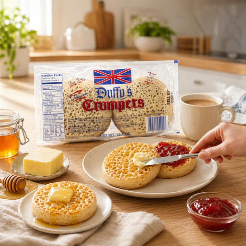 12.5 oz (pack 1) Duffys Crumpets British Breakfast Bread, Soft and Airy, Perfect for Toasting, Holds Butter and Jam