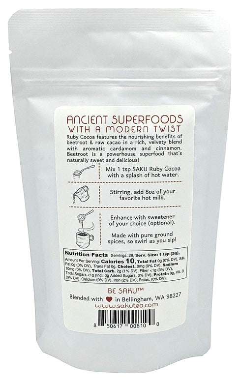 SAKU Tea, Ruby Cocoa Beetroot Latte Blend, Super Food Latte, 3oz Bag