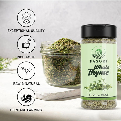 (2oz) Fasori Thyme Leaves Premium Dried Whole Thyme Herb, Aromatic Mediterranean Spice for Cooking, Roasts, Chicken
