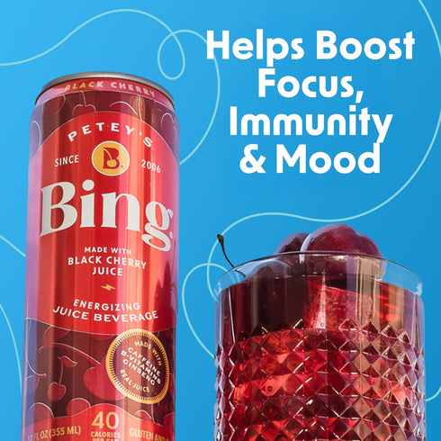 (12oz/12pk) 5 120mg BING Energizing Juice Beverage Original Cherry Made with REAL Juice! Low Calorie; B-Vitamins