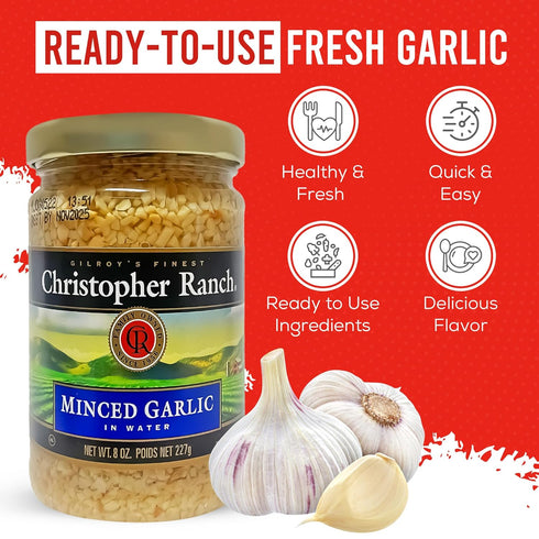 8 Oz 227g Christopher Ranch Minced Garlic in Water | California-Grown Fresh Garlic | Pre-Minced for Quick Cooking |