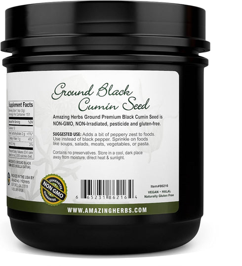 16 Oz Amazing Herbs Premium Ground Black Cumin Seeds - Finely Ground Nigella Sativa, Gluten Free, Non GMO, Supports
