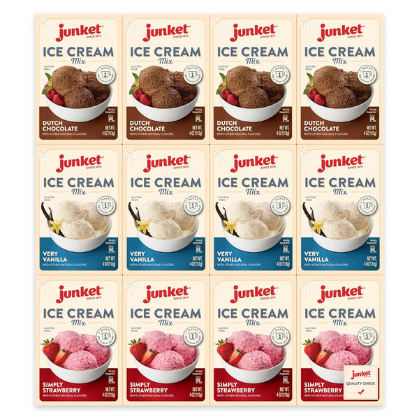 Junket Ice Cream Mix Bundle - 4 Vanilla, 4 Chocolate, 4 Strawberry