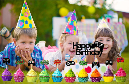 11 Pcs Video Game Happy Birthday Cake Toppers Set - Game Controllers Cupcake Decorations Picks for Kids or Man Party