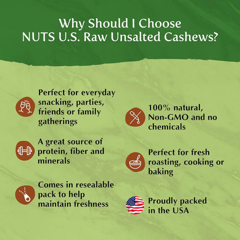(2 LBS) NUTS U.S. - Cashews | Raw and Unsalted | Whole Kernels and No Shell | Fresh & Unroasted | Natural Bulk Cashews