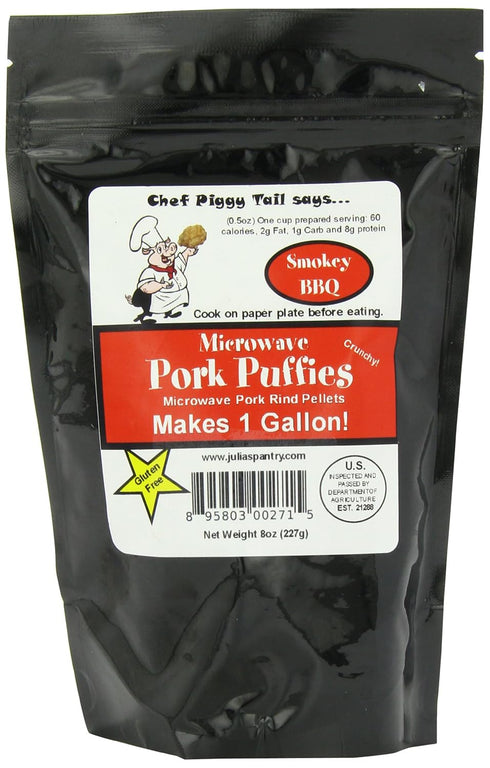 Chef Piggy Tail Microwave Pork Puffies Pork Rinds, Smokey BBQ, 8 Ounce