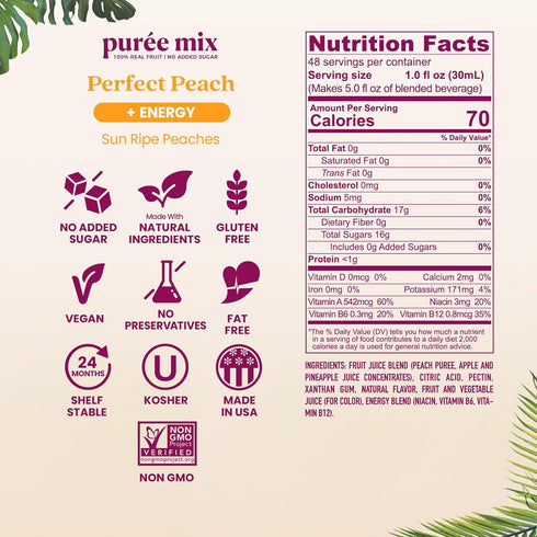 100% B6, B12 48oz Smartfruit Perfect Peach + Energy Real Fruit Pure with Peach, Apple & Pineapple Great for Smoothies
