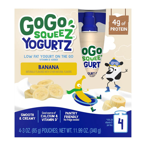 3 oz (Pack 4), GoGo squeeZ yogurtZ Banana, of Kids Snacks Made from Real Yogurt and Fruit, Pantry Friendly, No Fridge