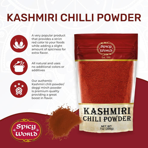 Spicy World 7 Kashmiri Chili Powder Red Ounce Resealable bag | All Natural Low Heat, Chili Powder - Red Pepper Powder