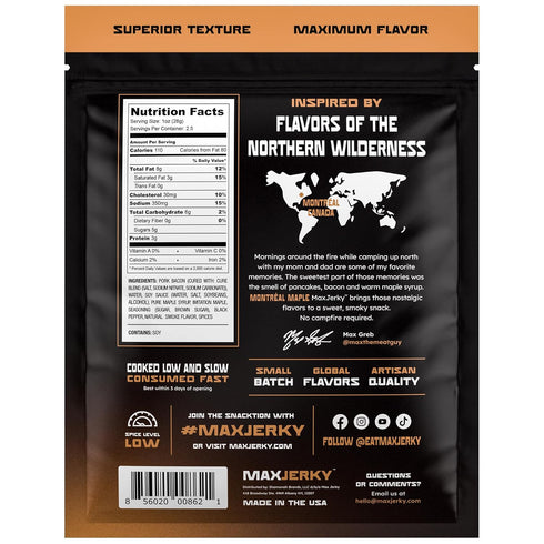 2.5 OZ (4 Pack) MaxJerky Montreal Maple Bacon Burnt Ends, Smoked Bacon Jerky