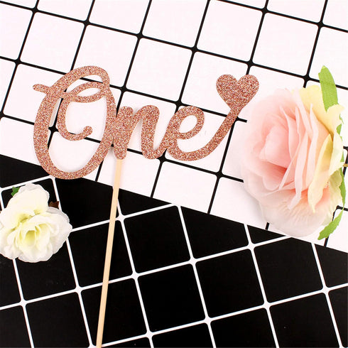 Unimall Letter 'One' Heart Cake Topper for 1st Birthday, Rose Gold Glitter Cake Decorating Supplies
