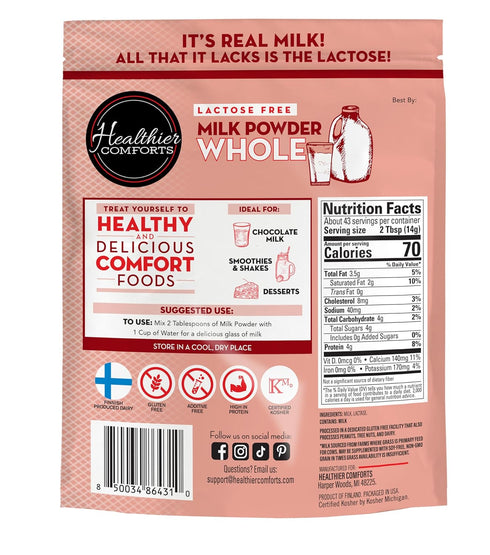 2.5 (21 oz) Healthier Comforts Lactose Free Whole Milk Powder | Non-GMO, rBST Hormone Free, Kosher, Gluten Free, No