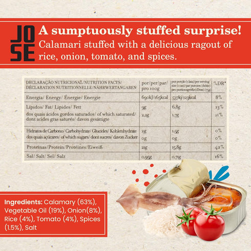 Spiced Calamari in Ragout Sauce by Jose Gourmet - Canned Wild Caught Portuguese Calamari, 125g Can