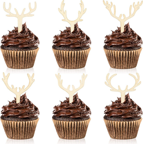 30 Pieces Antler Cupcake Toppers, Wooden Reindeer Cake Topper for Christmas, Rustic Birthday Party Favors