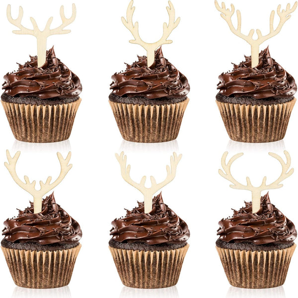 30 Pieces Antler Cupcake Toppers, Wooden Reindeer Cake Topper for Christmas, Rustic Birthday Party Favors